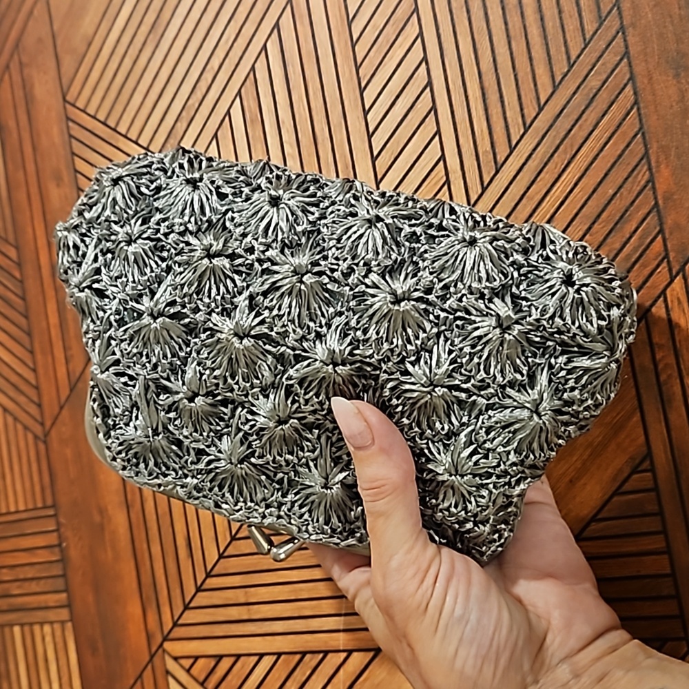 Vintage gray crochet snap shut clutch bag not yarn cool dress prom novelty - Picture 3 of 10